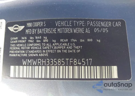 2005 Mini Cooper S z USA, uszkodzony, nr VIN WMWRH33585TF84517